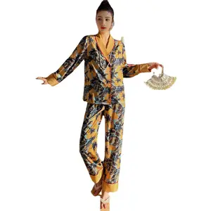 Custom Satin Sleep Wear Women Silk Pajamas with long sleeves and long pants Thin Silk Large Korean Home Clothing Set