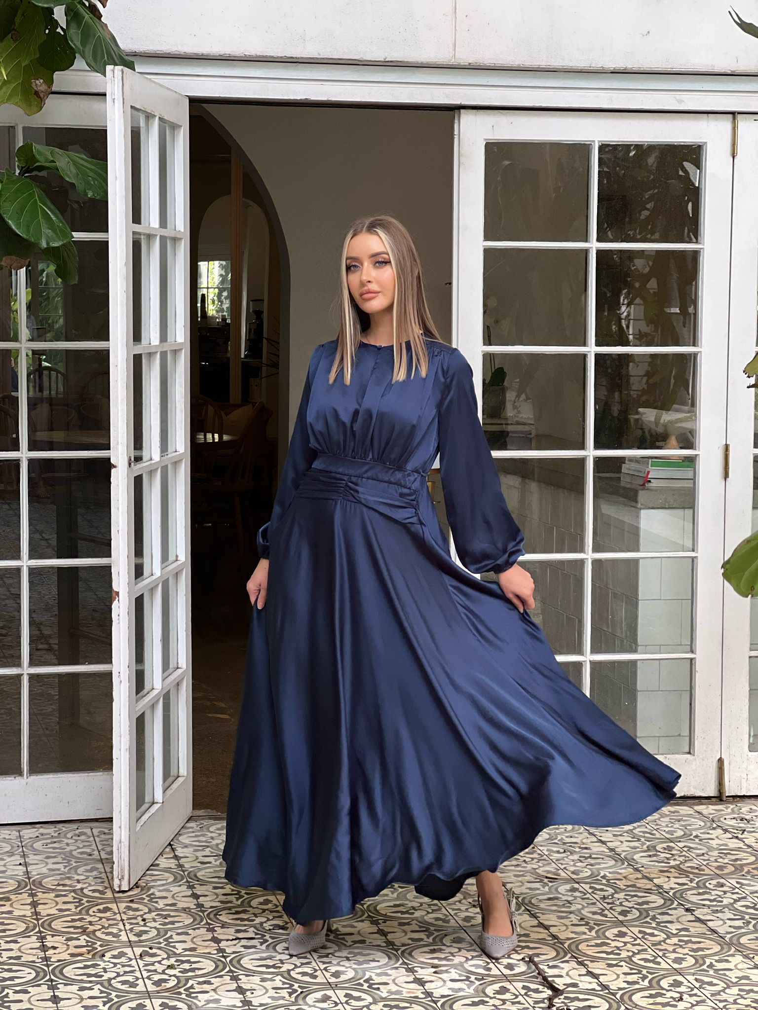 flowy satin dresses Flowy and Glamorous Navy Blue and Golden Satin Dress with Rhinestones main image 0