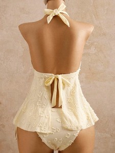 Traje de baño tankini de encaje color crema <span class=keywords><strong>para</strong></span> <span class=keywords><strong>mujer</strong></span>, con cuello halter en V profundo, lazo frontal y braga de cintura alta, ideal <span class=keywords><strong>para</strong></span> la playa en verano. - Product Image 2