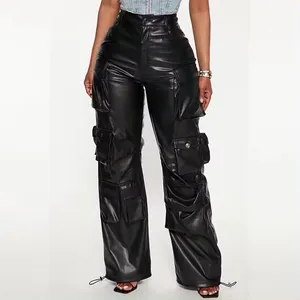 Custom Streetwear Women Leather Cargo Pants Hot Sale High Waist Wide Leg Ladies Casual Trousers Cargo Pants For Women