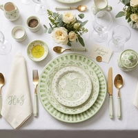 Assiettes élégantes en porcelaine fine à motifs géométriques, vaisselle en céramique rayée verte, services de table ethniques en porcelaine pour mariage, assiettes à salade et à soupe