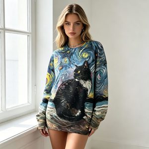 <span class=keywords><strong>Pull</strong></span> en tricot pour <span class=keywords><strong>femme</strong></span> à imprimé chat et ciel étoilé, col rond décontracté, coupe oversize, manches longues, respirant, doux, pour usage quotidien - Product Image 2