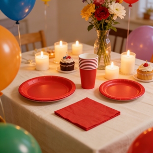 ชุดจานชามกระดาษสีแดง DAMAI สำหรับงานปาร์ตี้ ชุดจานชามกระดาษแบบใช้แล้วทิ้ง ขนาด 7 นิ้ว 9 นิ้ว พร้อมถ้วยและผ้าเช็ดปาก - Product Image 1