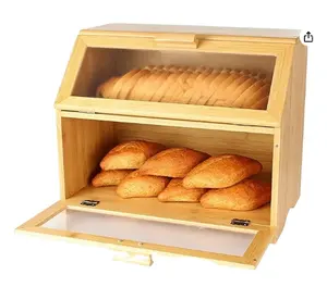 Bamboo Bread Box Double Layer Extra Large Kitchen Countertop Storage Bin 2 Shelf with Windows Self Assembly Required