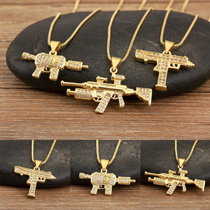 Collana con Ciondolo LUOYUNE all'ingrosso, alla moda, hip hop, con zirconi cubici, placcata oro 18K, in ottone, a forma di pistola <span class=keywords><strong>UZI</strong></span>, gioiello da uomo, idea regalo - Product Image 2