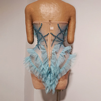 Robe mini en tulle bleu ciel à volants et strass, sans bretelles, avec plumes, pour danse lyrique, concours et spectacle sur scène