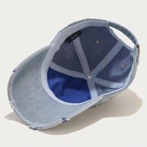 Wholesale Unisex Distressed Denim Baseball Cap Customized Logo Personalized Washed Vintage Light Blue Image Style Common <b>Hats</b> - Product Image 4