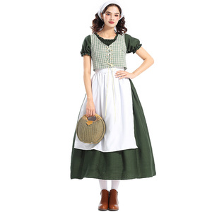 Disfraz de Halloween, Estilo Colonial de la Pradera, Vestido Victoriano Medieval, Color Verde Oscuro a Cuadros, Estilo Cottagecore, Atuendo de Pionero - Product Image 1