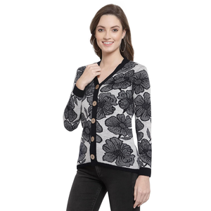 Suéter AOP de mujer abierto frontal de punto ajustado informal de manga larga con cuello en V orientado a la exportación más vendido - Product Image 6