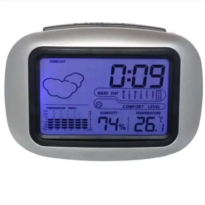 Stasiun ramalan cuaca rumah jam tampilan LCD ukuran besar dengan lampu latar tampilan suhu dan kelembaban ketika alarm dan pengoperasian