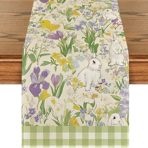 Chemin de table de Pâques rectangulaire réutilisable à imprimé floral de lapin pour décoration intérieure - Product Image 3