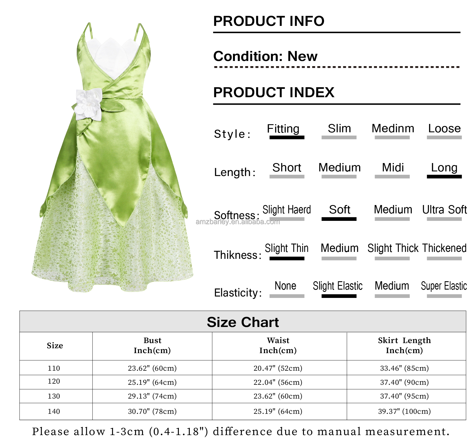 Girls Princess Tiana Dress Up Costume for Kids | Princess the Frog Cosplay  Outfit for Birthday Party & Halloween
