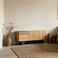 Commode minimaliste en placage de frêne naturel avec cadre métallique, panneau HDF de qualité E1, armoire de rangement écologique pour chambre et salon