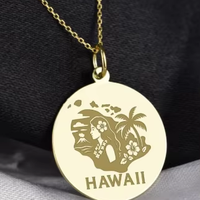 Collier Hawaïen en Or Massif, Médaillon Carte de l'État en Acier Inoxydable 316L, Bijou Géographique Américain, Cadeau Gravé pour les Hawaïens