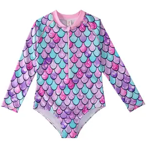 Bikini personalizado de una pieza con estampado de escamas de pescado para niña, ropa de playa con cremallera, traje de baño de manga larga para niños
