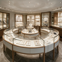 Vitrine à bijoux ronde en bois, en cuir blanc et en verre pour bijouterie