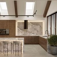 Conception européenne sur mesure Armoires de cuisine modulaires en placage de bois massif Carcasse en verre et acier inoxydable pour projets d'appartements