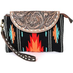Handtooled Boho Clutch Bag for Women Tribal Aztec Cowhide Leather Saddle Blanket Embroidered Vintage Western <b>Wristlet</b> Purse - Product Image 3