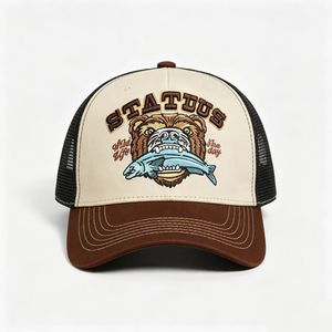 หมวกแก๊ปปักลายหมีและปลาสไตล์วินเทจสำหรับผู้ชาย หมวกเบสบอลตาข่ายระบายอากาศได้ดี เหมาะสำหรับกิจกรรมกลางแจ้ง ตกปลา ล่าสัตว์ หมวกแบบ Snapback - Product Image 1