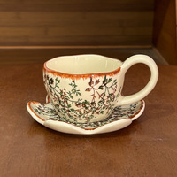 Tasse en céramique peinte à la main style rétro rural, avec anse haute et motif floral, style américain, assiettes en forme de fleur, mug à café en céramique