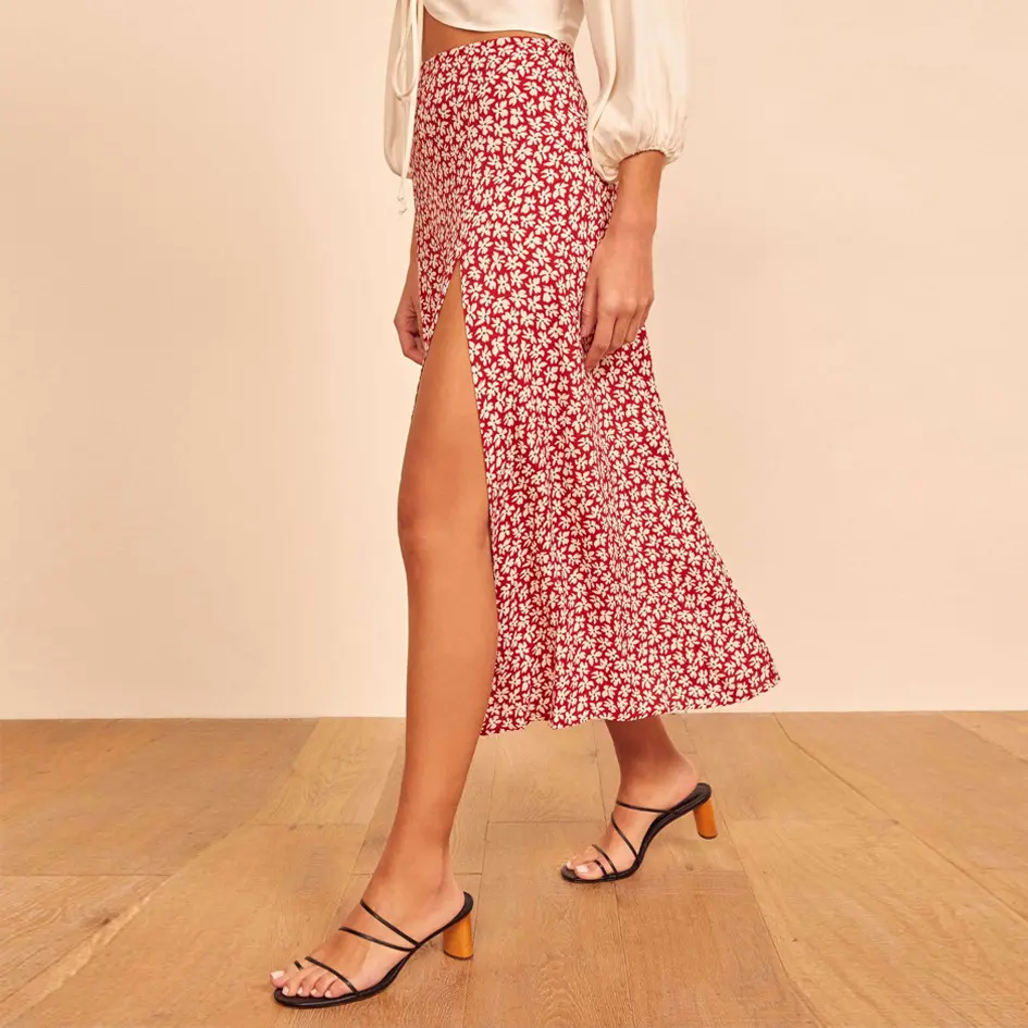 Faldas largas con abertura para mujer, faldas largas informales con estampado de leopardo, de cintura alta, Floral