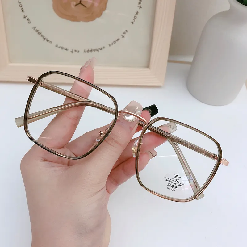 M2962 anti maviray gözlük çerçeve kadın moda düz büyük kare gözlük alaşım optik çerçeve