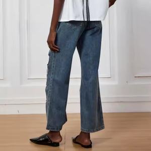 Nuevas llegadas: Jeans de mujer de tiro bajo, de alta calidad, holgados, de pierna ancha, con efecto desgastado y patchwork de organza. - Product Image 5