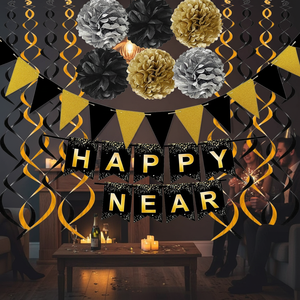 Set Decorazioni per Festa di Capodanno, Striscione Nero con Pon Pon Dorati, Bandierine di Carta, Ghirlande a Spirale, Streamer in Nero e Oro - Product Image 3