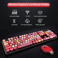 Keyboard Mouse Komputer, Papan Ketik QWERTY Warna-warni Retro Bulat 2.4G US Set Kombo Ukuran Penuh