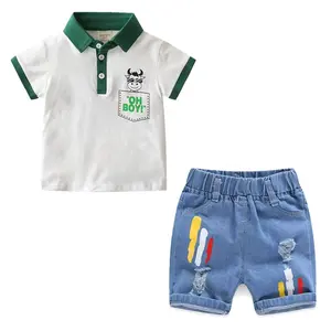 Комбинезон джинсовый для мальчиков, короткий комплект из 2 предметов, рубашка-поло, летняя одежда, комплект детской одежды