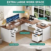 Bureau d'angle vintage blanc et noyer en forme de L avec tiroir à dossiers A4 et plateau relevable, bureau d'ordinateur d'angle robuste avec multiprise intégrée pour la maison.