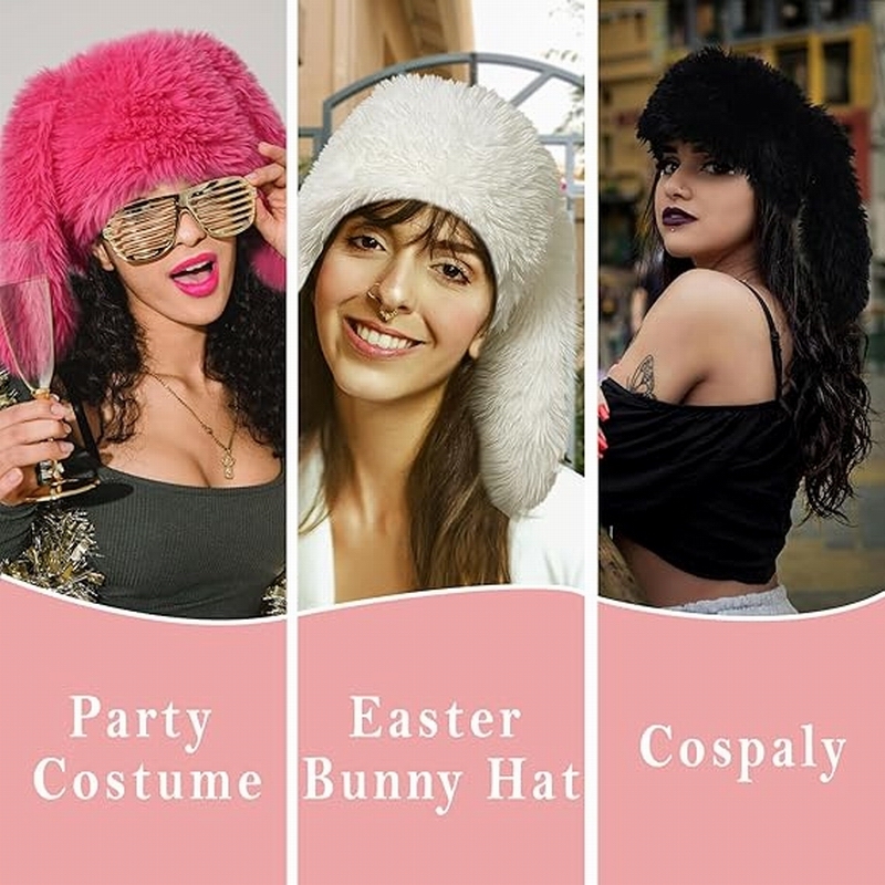 Y2K Fuzzy Bunny Hat - Cute Plush Beanie with Long Ears display picture 3