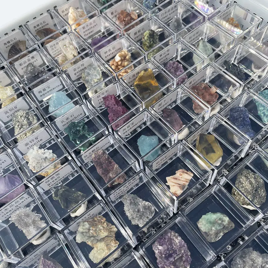 Großhandel Natur kristall Edelstein Mineral Bergkristall Mineral Probe mit Acryl verpackung Geschenk box