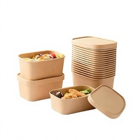 Boîte à lunch carrée en papier kraft jetable de qualité alimentaire avec couvercle en PP, écologique, biodégradable, grande capacité, emballage pour salade HT