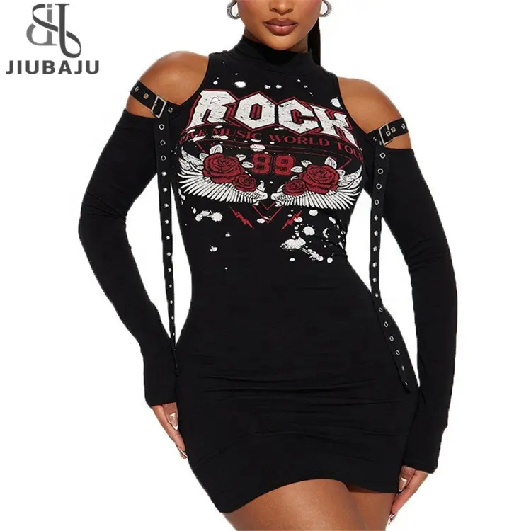 Schwarz schulterfrei langärmlig Minikleid Grunge Streetwear Outfits Damen Print Party Club kurzes Kleid