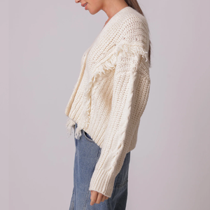 Maglione corto <span class=keywords><strong>con</strong></span> finiture <span class=keywords><strong>con</strong></span> <span class=keywords><strong>frange</strong></span> Beige lavorato a <span class=keywords><strong>maglia</strong></span> Cardigan <span class=keywords><strong>con</strong></span> bottoni e Design testurizzato per la moda Casual Boho - Product Image 3