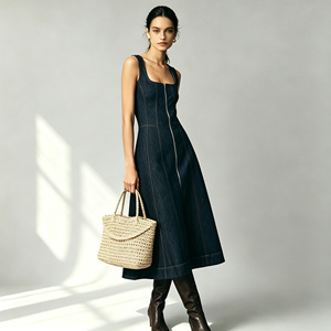 Abito <span class=keywords><strong>midi</strong></span> in denim da donna senza maniche con scollo quadrato e cerniera frontale, vestito casual in denim a trapezio per signore - Product Image 4