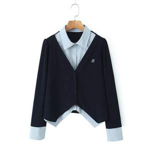 Runqi Ensemble haut et col chemise effet deux pièces pour femme grande taille, couleur unie, tissu Oxford N8813 - Product Image 1