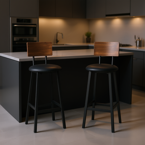 Ensemble de 2 tabourets de bar modernes, base en métal noir, dossier en bois, coussin épais, mobilier commercial, chaise d'îlot de cuisine pour hôtel - Product Image 2