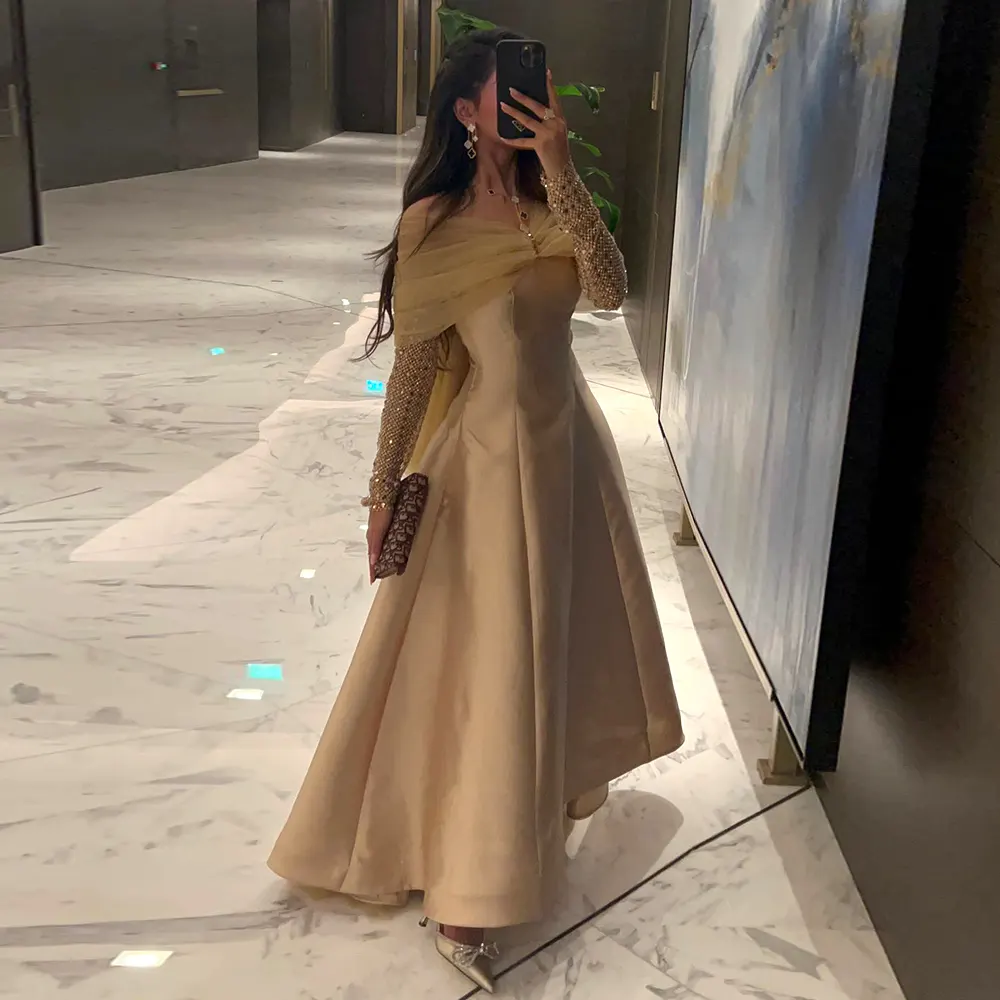Cristal Luxo Dubai Vestidos De Noite Para Mulheres Festa De Casamento Ouro Preto Manga Longa Gala Prom Dress