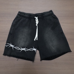 2026 New Arrival Men's Drawstring 100% Cotton Washed Distressed Print Custom Logo <b>Hip</b> Hop Streetwear Casual Loose Fit Shorts - Product Image 4