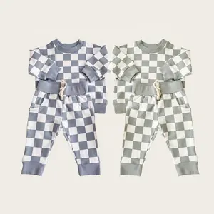 Ensemble de jogging 2 pièces pour enfants, sweat-shirt surdimensionné à col ras du cou, pantalon de survêtement français en coton à carreaux, survêtement unisexe pour enfants