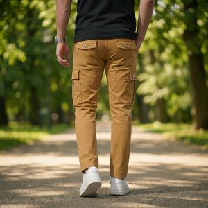 Pantalon cargo pour homme, couleur unie, beige, coupe slim, avec poches, fermeture éclair, taille moyenne, toutes saisons, vêtements d'extérieur - Product Image 3