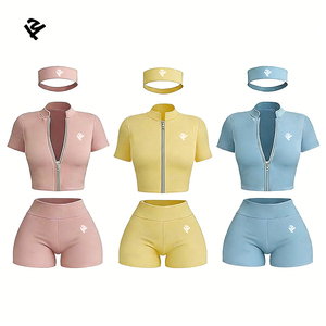 Ensemble de vêtements de sport pour femmes en 3 pièces, veste courte à fermeture éclair à manches courtes, short de sport, bandeau, <span class=keywords><strong>tenue</strong></span> de yoga, gym, entraînement, fitness, vêtements de sport - Product Image 2
