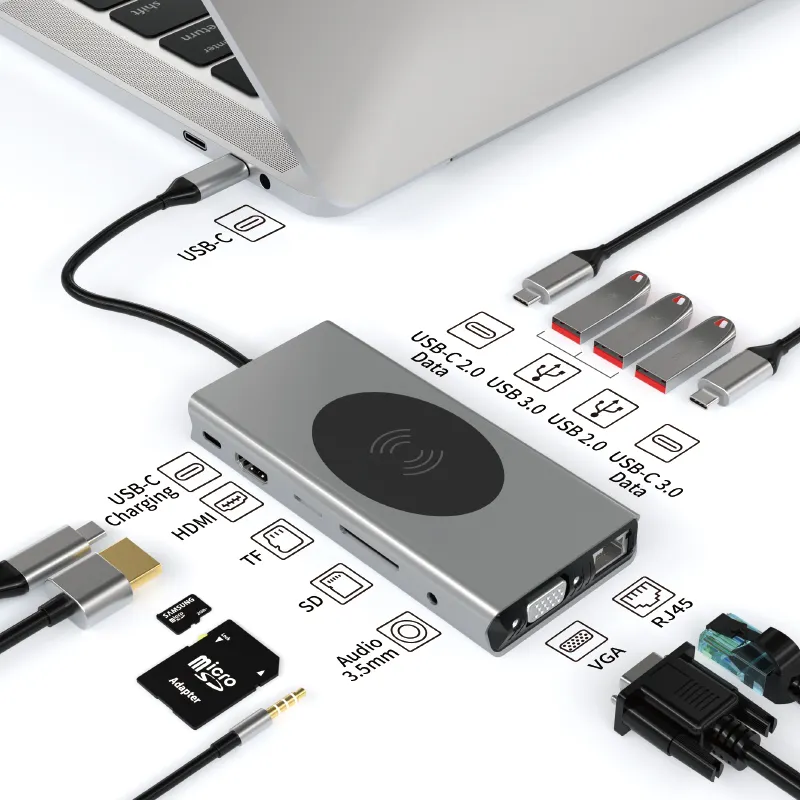 Macbook usb c 허브 13 in 1 Type-C to PD HD-MI SD TF AUDIO3.5 VGA RJ45 USB-C2.0 USB-C3.0 USB3.0 * 2 USB2.0 무선 충전 15W