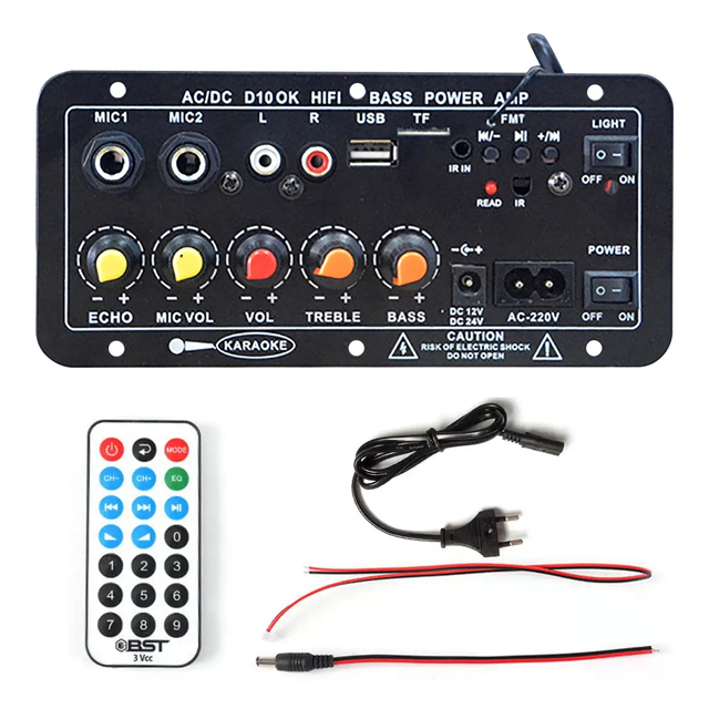 D10 BT Amplifier AC220V 12V 24V Mono Subwoofer Amplificador Dual Microphone Karaoke Amplifiers for 6-12 Inch Speakers