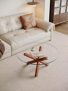 Table basse ronde moderne avec plateau en verre trempé et structure en bois, design mi-siècle, meubles de salon, facile à nettoyer - Product Image 1