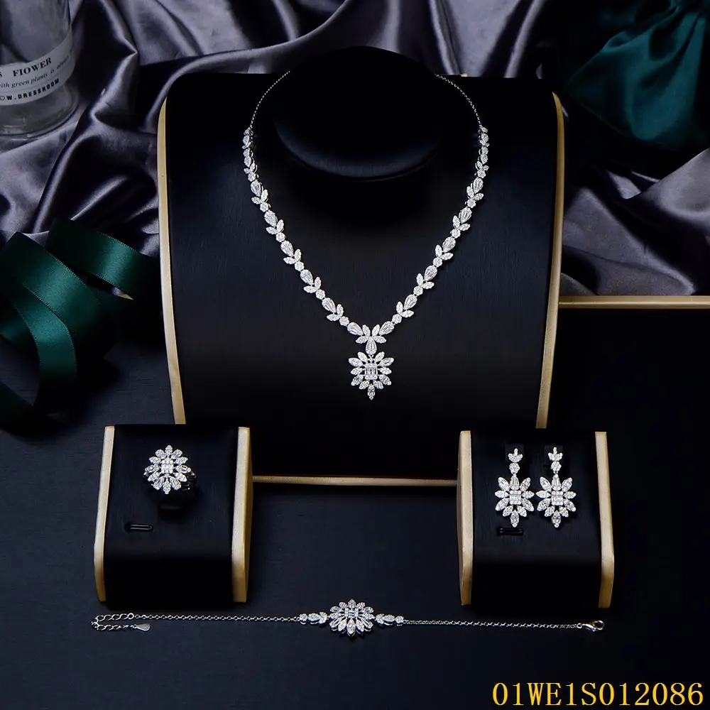 Hoa CS Đồ Trang Sức Thời Trang Dubai Ấn Độ Sang Trọng Bạc Rhodium Mạ Đá Quý Cubic Zircon 925 Bạc Đồ Trang Sức Mỹ Set Cho Phụ Nữ