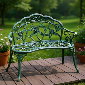 Banc de jardin en aluminium coulé vert antique, 2 places, motif floral rose, pour terrasse et jardin - Product Image 2
