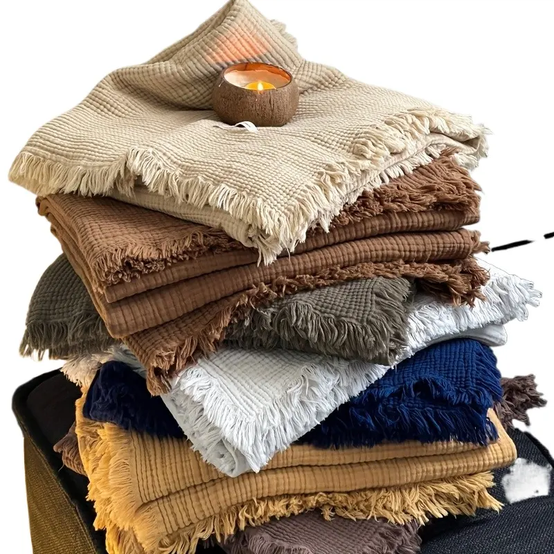 Hot Sale Advanced Cotton Crinkle Tassel Solid Color Leisure Travel Sofa Bed Nap Blanket